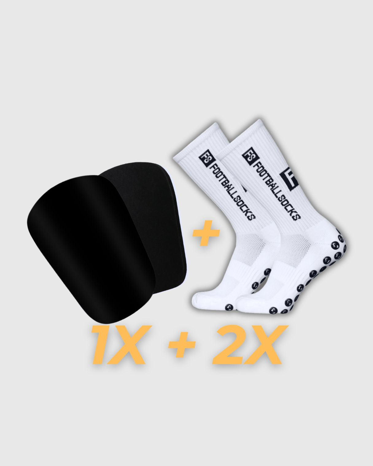 Matchday Bundle bestehend aus weißen VINLEH Grip-Socken und schwarzen Mini-Schienbeinschonern