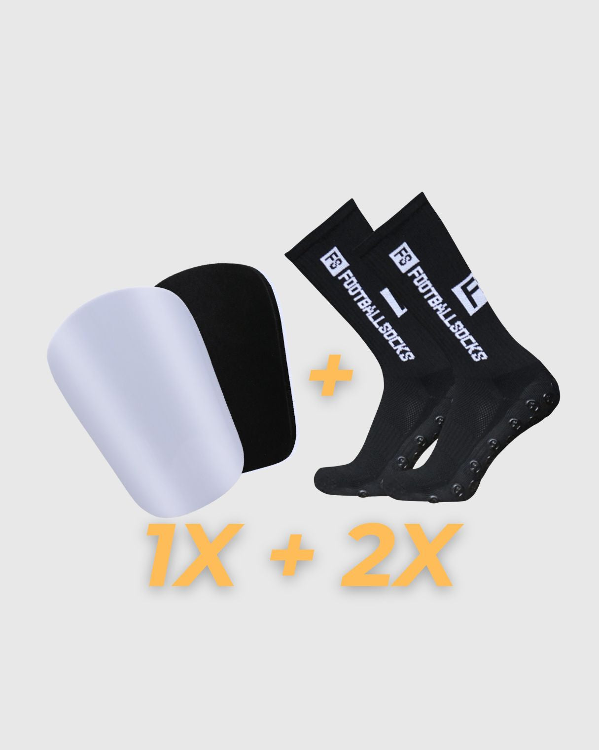 Matchday Bundle bestehend aus schwarzen VINLEH Grip-Socken und weißen Mini-Schienbeinschonern