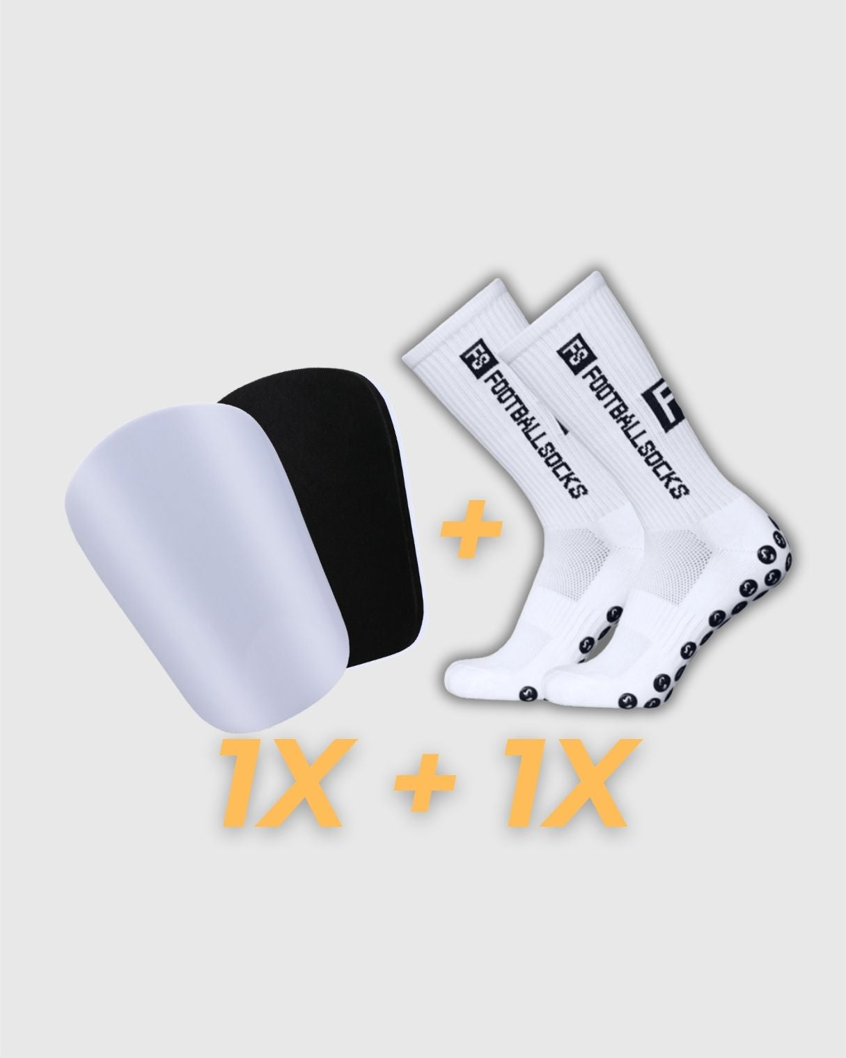 Starter Bundle bestehend aus weißen VINLEH Grip-Socken und weißen Mini-Schienbeinschonern
